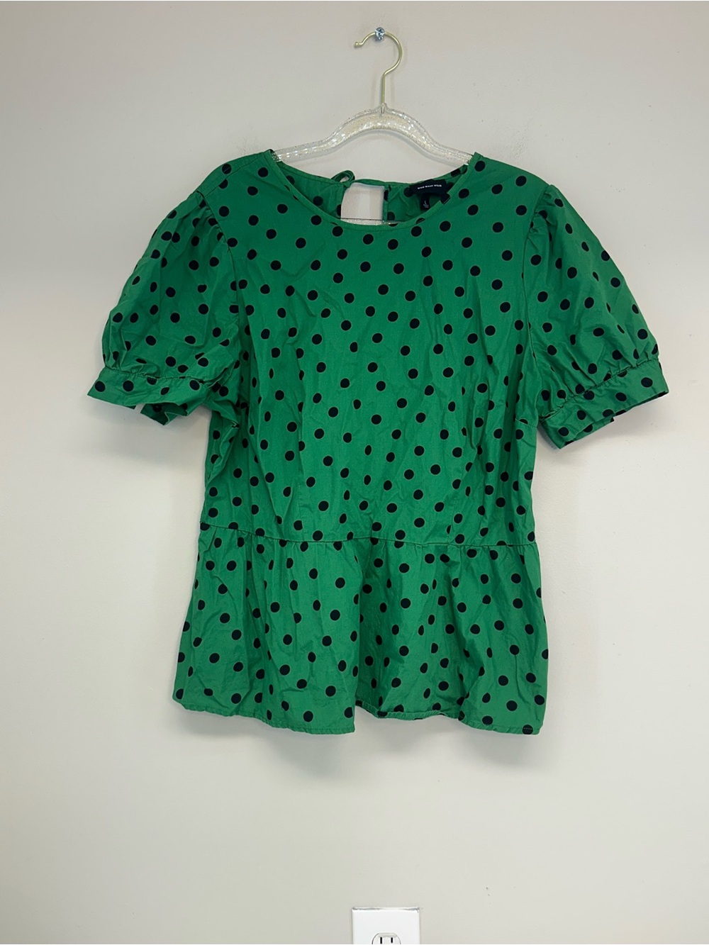 Who What Wear Green Black Polka Dot Puff Sleeve Peplum Top size large
